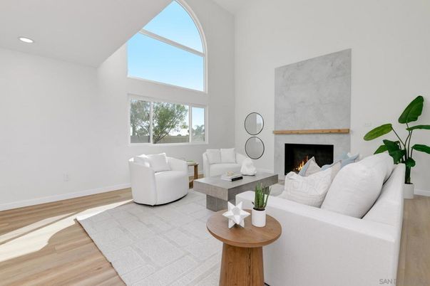 Fireplace, Interior, Living room, Recessed Lighting, Wood Texture Flooring