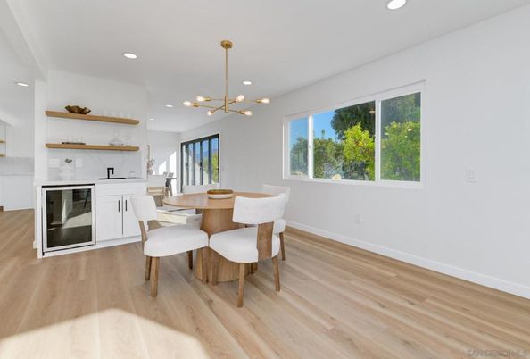 Dining room, Interior, Pendant Lights, Recessed Lighting, Wood Texture Flooring