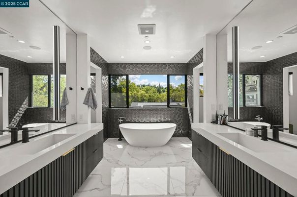 Bathroom, Dual Sink Vanities, Free Standing Baths, Interior, Marble, Recessed Lighting
