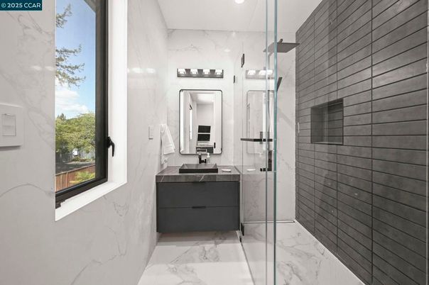 Bathroom, Glass Shower, Interior, Marble, Marble Walls, Recessed Lighting