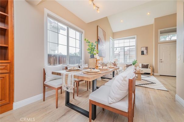 Dining room, Interior, Recessed Lighting, Wood Texture Flooring
