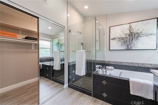 Bathroom, Glass Shower, Interior, Recessed Lighting, Wood Texture Flooring