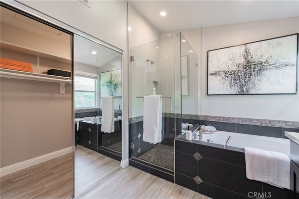 Bathroom, Glass Shower, Interior, Recessed Lighting, Wood Texture Flooring
