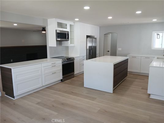 Interior, Kitchen, Recessed Lighting, Stainless Steel Appliances, Wood Texture Flooring