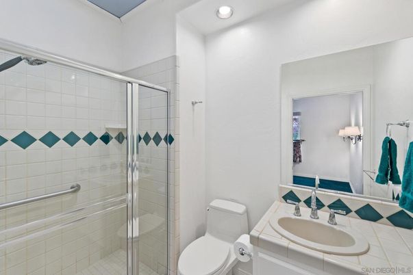 Bathroom, Glass Shower, Interior, Recessed Lighting, Tile Countertops