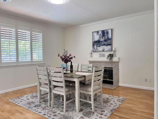 Dining room, Fireplace, Interior, Wood Texture Flooring