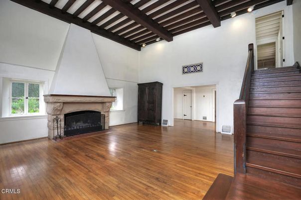 Empty room, Fireplace, Interior, Wooden Beams, Wood Texture Flooring