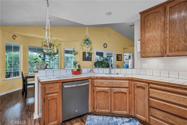 Dining room, Interior, Kitchen, Tile Countertops, Wood Texture Flooring