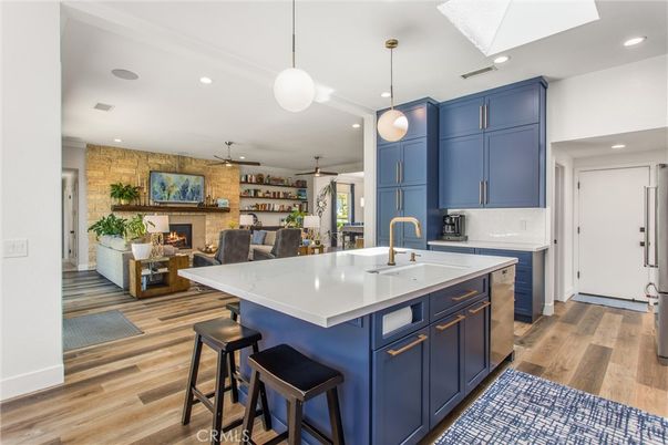 Dining room, Fireplace, Interior, Kitchen, Pendant Lights, Recessed Lighting, Stone Walls, Wood Texture Flooring