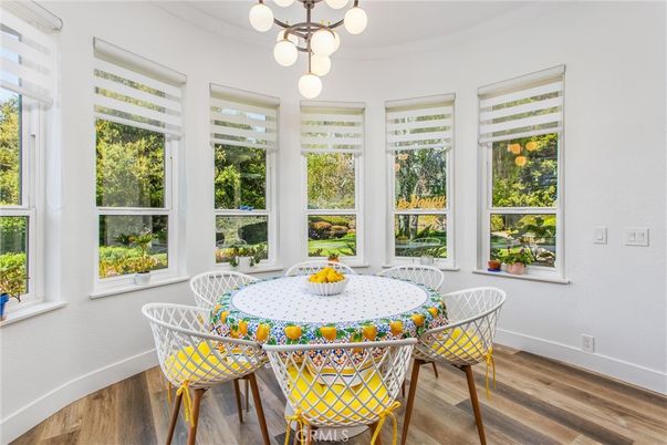 Dining room, Interior, Pendant Lights, Wood Texture Flooring