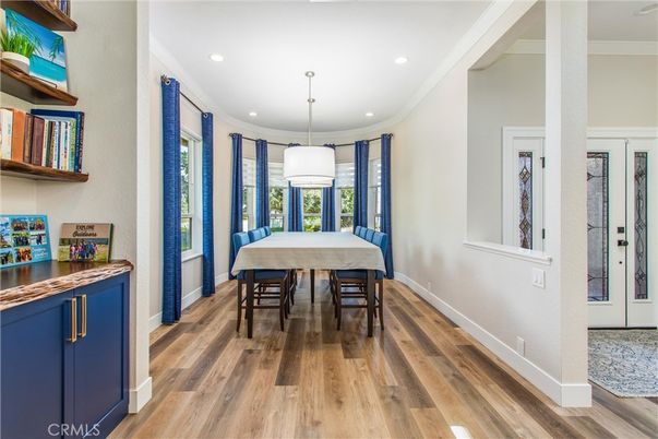 Dining room, Interior, Pendant Lights, Recessed Lighting, Wood Texture Flooring