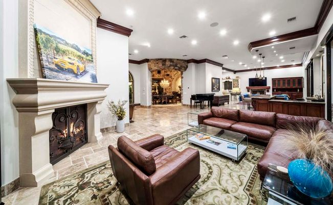 Fireplace, Interior, Living room, Pendant Lights, Recessed Lighting, Stone Walls