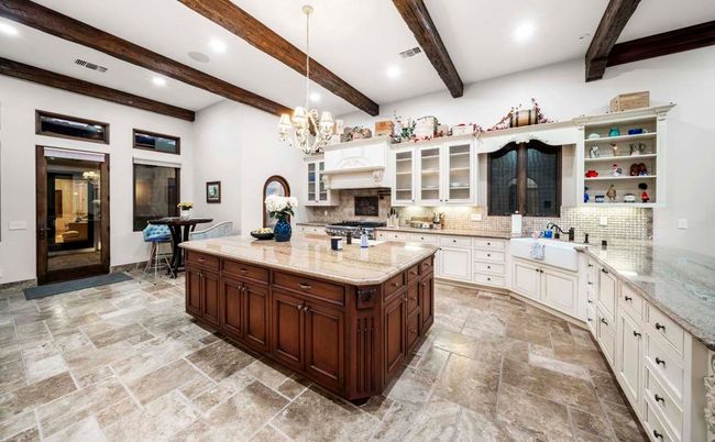 Chandelier, Interior, Kitchen, Recessed Lighting, Stainless Steel Appliances, Wooden Beams