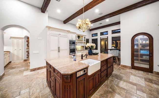 Chandelier, Interior, Kitchen, Recessed Lighting, Stainless Steel Appliances, Wooden Beams
