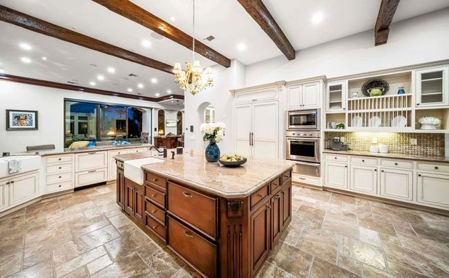 Chandelier, Interior, Kitchen, Recessed Lighting, Stainless Steel Appliances, Wooden Beams
