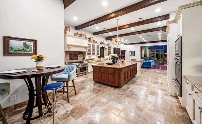 Chandelier, Interior, Kitchen, Living room, Pendant Lights, Recessed Lighting, Stainless Steel Appliances, Wooden Beams