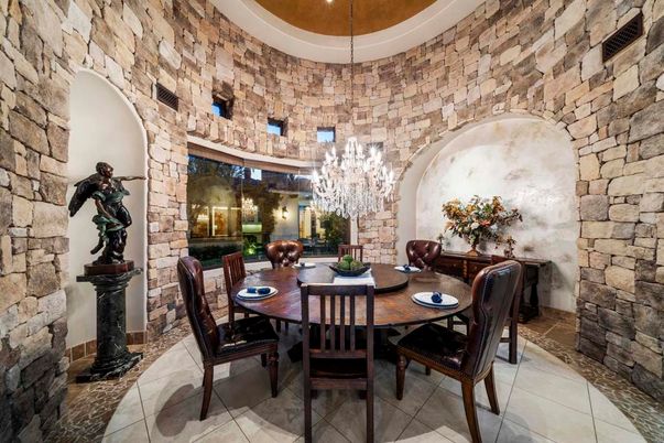 Chandelier, Dining room, Interior, Pendant Lights, Stone Walls