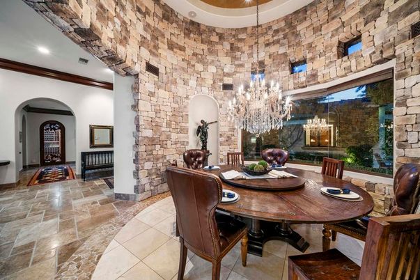 Chandelier, Dining room, Interior, Pendant Lights, Stone Walls
