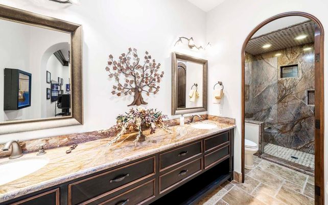 Bathroom, Dual Sink Vanities, Glass Shower, Interior, Tile Countertops