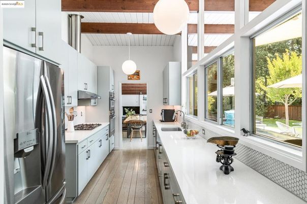 Interior, Kitchen, Pendant Lights, Stainless Steel Appliances, Wooden Beams, Wooden Ceilings, Wood Texture Flooring