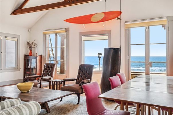 Dining room, Interior, Pendant Lights, Water, Wooden Beams