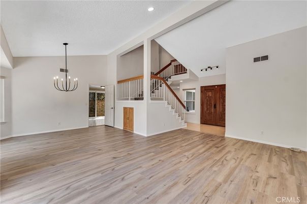 Chandelier, Empty room, Interior, Pendant Lights, Recessed Lighting, Wood Texture Flooring