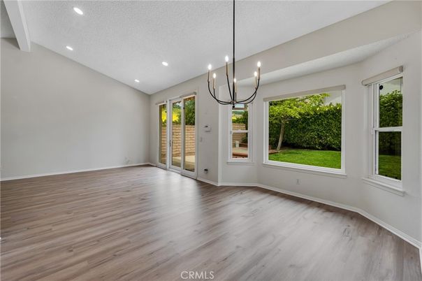 Chandelier, Empty room, Interior, Pendant Lights, Recessed Lighting, Wood Texture Flooring