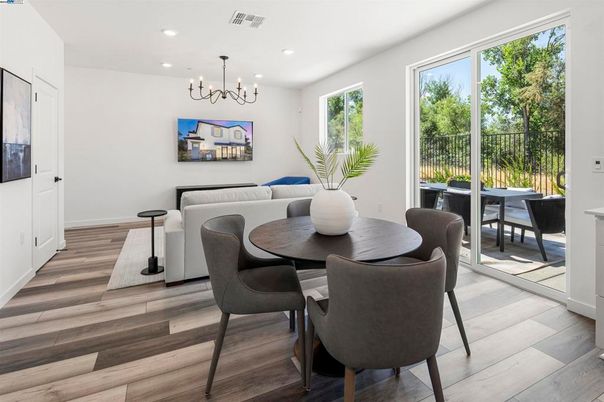 Chandelier, Dining room, Interior, Recessed Lighting, Wood Texture Flooring
