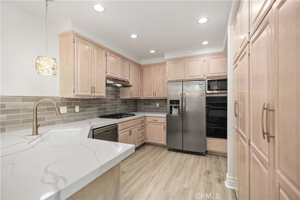 Interior, Kitchen, Pendant Lights, Recessed Lighting, Stainless Steel Appliances, Wood Texture Flooring