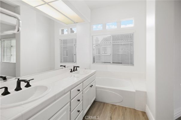 Bathroom, Dual Sink Vanities, Interior, Tile Countertops, Wood Texture Flooring