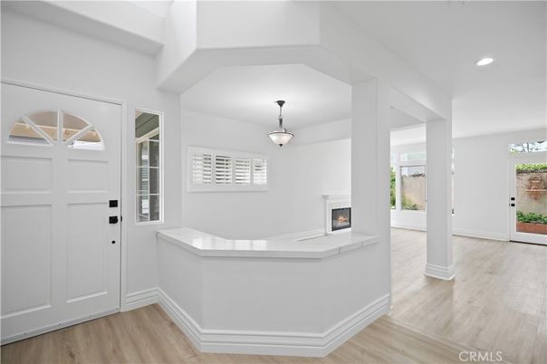 Fireplace, Interior, Pendant Lights, Recessed Lighting, Wood Texture Flooring