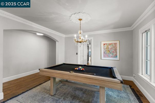 Billiard Table, Chandelier, Game Room, Interior, Wood Texture Flooring