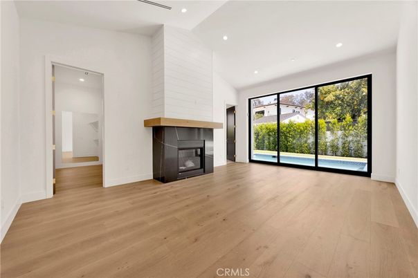 Empty room, Fireplace, Interior, Recessed Lighting, Wood Texture Flooring