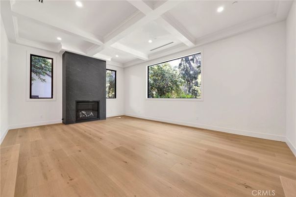 Empty room, Fireplace, Interior, Recessed Lighting, Wood Texture Flooring