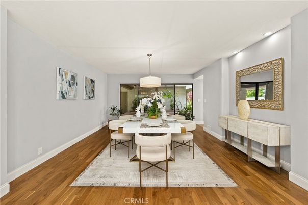 Dining room, Interior, Pendant Lights, Recessed Lighting, Wood Texture Flooring