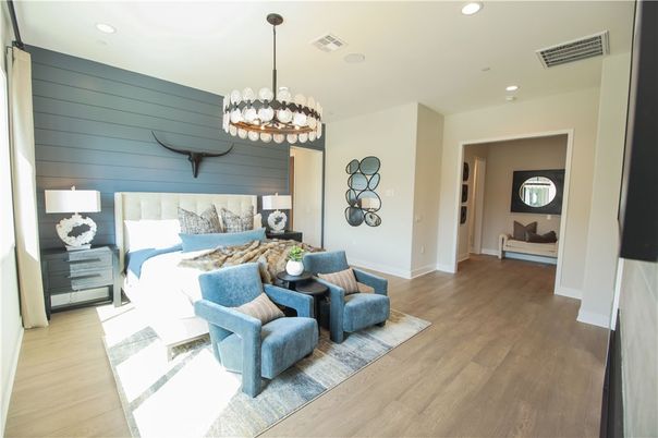 Bedroom, Interior, Pendant Lights, Recessed Lighting, Wood Texture Flooring