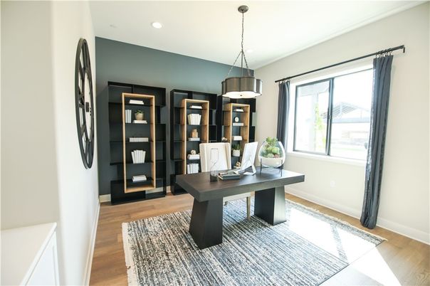 Home Office, Interior, Pendant Lights, Recessed Lighting, Wood Texture Flooring