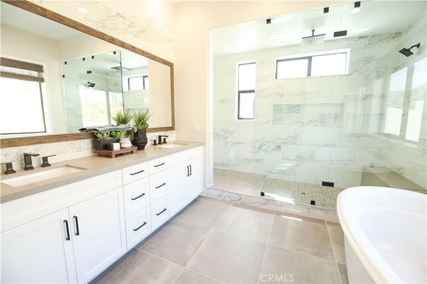 Bathroom, Dual Sink Vanities, Glass Shower, Interior, Marble Walls, Recessed Lighting