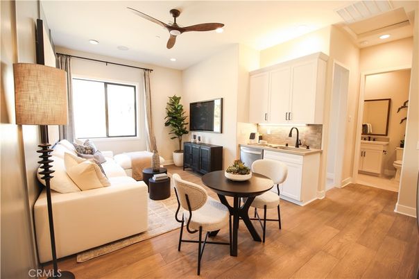 Dining room, Interior, Living room, Recessed Lighting, Wood Texture Flooring