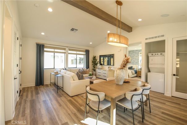 Dining room, Interior, Living room, Pendant Lights, Recessed Lighting, Wooden Beams, Wood Texture Flooring