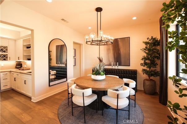 Chandelier, Dining room, Interior, Recessed Lighting, Wood Texture Flooring