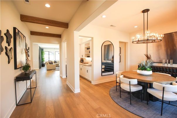 Chandelier, Dining room, Interior, Recessed Lighting, Wooden Beams, Wood Texture Flooring