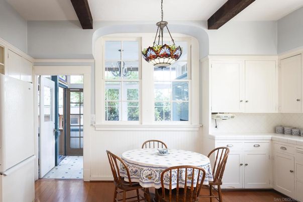 Dining room, Interior, Pendant Lights, Wooden Beams, Wood Texture Flooring