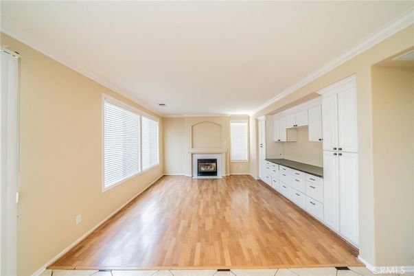 Empty room, Fireplace, Interior, Kitchen, Wood Texture Flooring