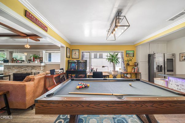 Billiard Table, Fireplace, Game Room, Interior, Pendant Lights, Stone Walls