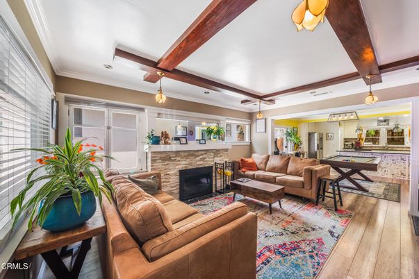 Billiard Table, Fireplace, Game Room, Interior, Living room, Pendant Lights, Stone Walls, Wooden Beams, Wood Texture Flooring