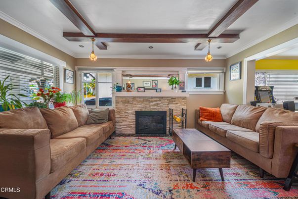 Fireplace, Interior, Living room, Pendant Lights, Wooden Beams