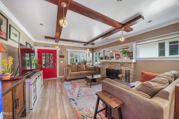 Fireplace, Interior, Living room, Pendant Lights, Recessed Lighting, Wooden Beams, Wood Texture Flooring