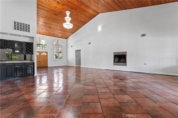 Empty room, Fireplace, Interior, Kitchen, Pendant Lights, Wooden Ceilings