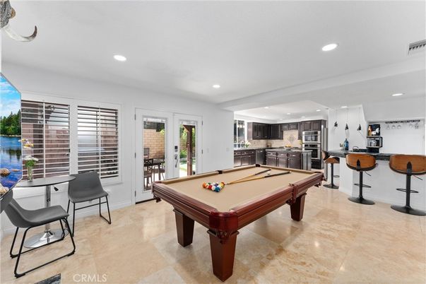 Billiard Table, Game Room, Interior, Kitchen, Recessed Lighting, Stainless Steel Appliances, Water